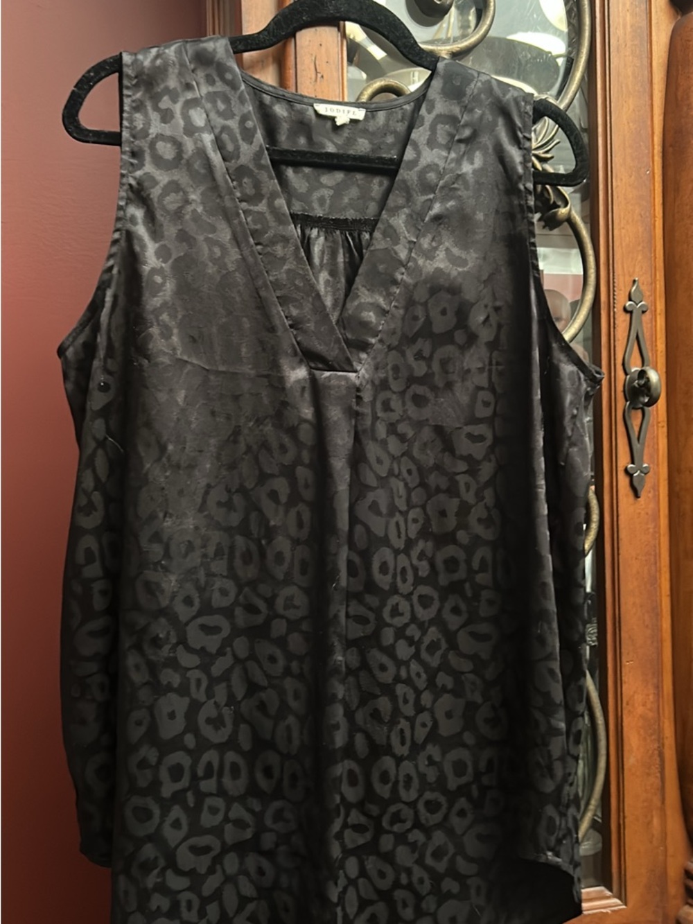 Jodifl Black Satin Animal-Print Cold-Shoulder V-Neck Tunic